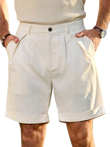 JEMLDL Men's Cotton Linen Shorts 7 Inch Inseam Casual Pleated Summer Vacation Resort Beach Elastic Waist Lightweight Shorts with Pockets Beige X-Large