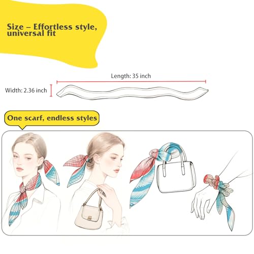 RFQMNO Hair Scarf for Women, 35"x2.36" Lightweight Silk Headband, Purse & Bag Scarves Gift Collection