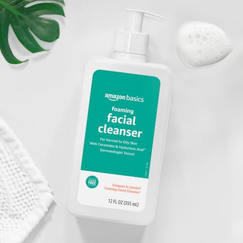 Amazon Basics Foaming Facial Cleanser with Ceramides & Hyaluronic Acid, Gentle Daily Face Wash, Non-Comedogenic, Fragrance-Free, 12 fl oz