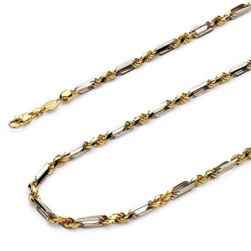 14k REAL Two Tone Gold Solid Men's 4mm Figarope Chain Bracelet with Lobster Claw Clasp - 8"