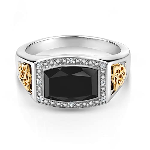 Gem Stone King 4.51 Cttw Black Onyx and White Lab Grown Diamond Ring For Men | 925 Silver and 10K Yellow Gold | Emerald Cut 11X8MM| Size 10