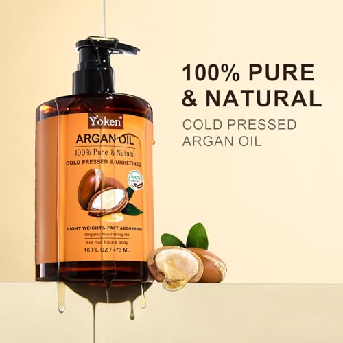 Yoken Organic Moroccan Argan Oil 16oz, Cold Pressed Oil for Hair Face Skin