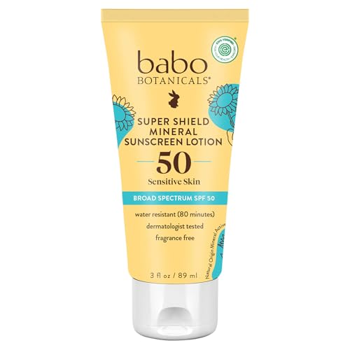 Babo Botanicals Sheer Mineral Sunscreen Lotion SPF 50 with 100% Mineral Active Ingredients for Babies, Kids or Extra Sensitive Skin, Lightweight, Water Resistant & Fragrance Free, 3 Fl Oz