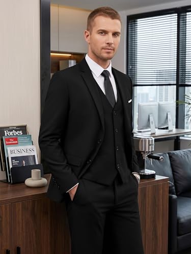 WEEN CHARM Suits for Men,3 Piece Slim Fit Suit Set with 2-Button Blazer,Vest,Pants,Tuxedo for Wedding,Prom,Party,Business Black