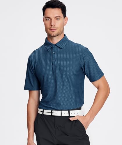 Alex Vando Mens Bubble Jacquard Polo Shirt Super Stretch Short Sleeve Polo Shirts for Men,Teal02,L
