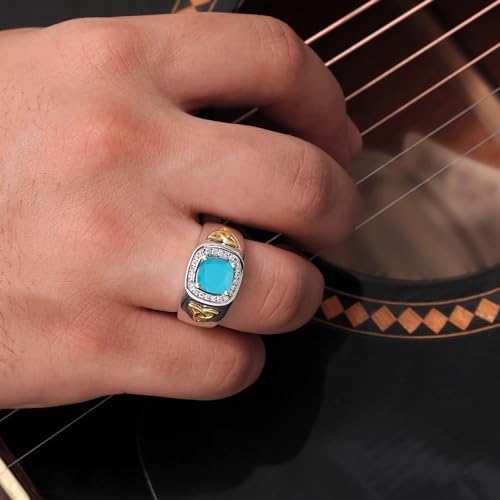 Gem Stone King 2.26 Cttw Green Turquoise and Lab Grown Diamond Men's Ring | 925 Silver and 10K Yellow Gold | Cushion Cut 8MM | Gemstone Birthstone | Available in Size 7, 8, 9, 10, 11, 12, 13 | Size 11