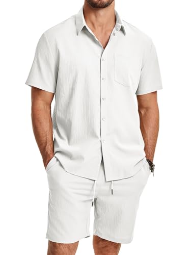 JMIERR Men Beach Sets 2 Piece Short Sleeve Summer Outfits 7 inch 2026 Quiet Luxury Sets Tracksuit with Pockets, 3XL, White