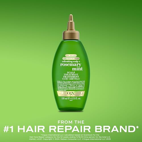 OGX Extra Strength Refreshing Scalp + Rosemary Oil Mint Dry Scalp Treatment, Peppermint & Witch Hazel Scalp Detox, Clarifying Leave-In to Help Remove Buildup and Refresh, Shiny Hair Finish, 4 fl oz
