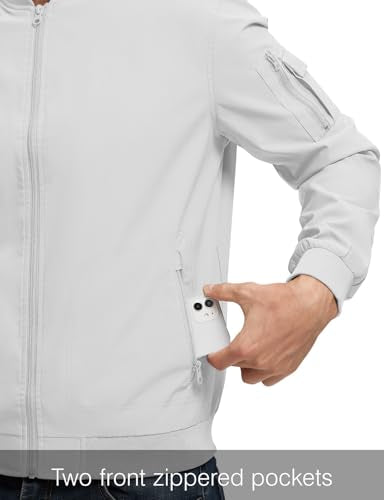 Rdruko Men's Lightweight Bomber Jacket Casual Stylish Fashion Coat Windbreaker(Sliver White, US XXL)