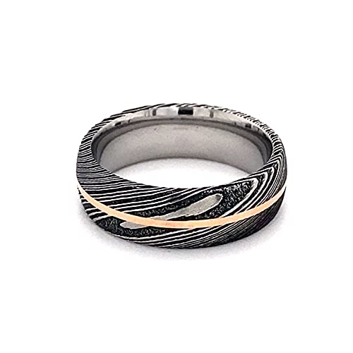 New 7mm Wide Damascus Steel Ring with 14k Solid Rose Gold Inlay