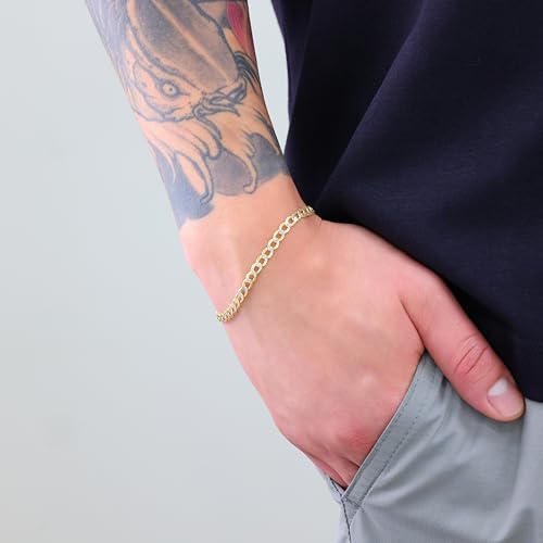 Nuragold 14k Real Yellow Gold Cuban Curb 4.5mm Pave Dia-Cut Chain Bracelet - 7"