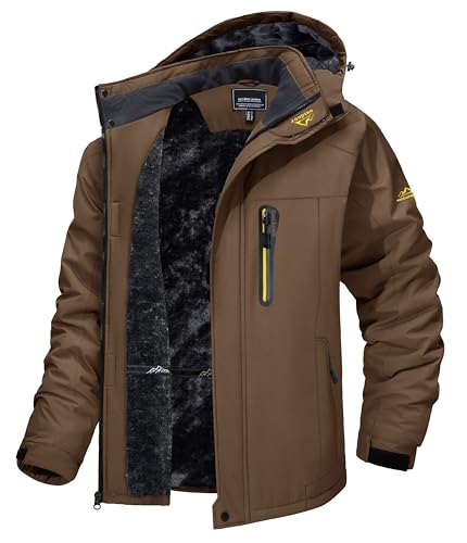 TACVASEN Men's Winter Ski Jacket Waterproof Snow Coats Snowboard Fleece Lining Jacket Warm Parka with Hooded Brown M