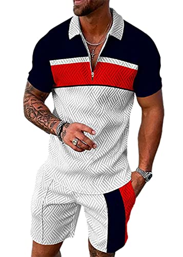 Size L White Black Red Match Mens Short Sets 2 Piece Outfits Polo Shirt Fashion Summer Tracksuits Casual Set Short Sleeve and Shorts Set for Men