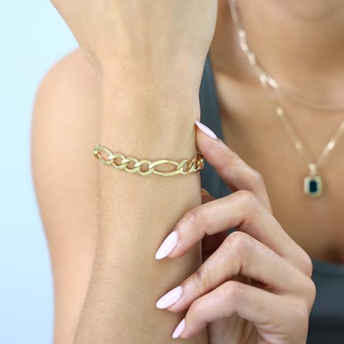 Nuragold 14K Real Yellow Gold Figaro Solid Link Chain Bracelet Men & Women - 8",8mm