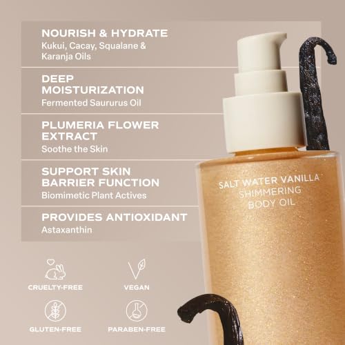 Saltair Shimmering Body Oil – Scented Dry Oil Moisturizer with Light-Reflecting Pearl Pigments – Moisturizing Glow for All Skin Types – Salt Water Vanilla, 4oz