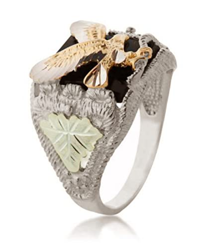 Men's 10k Yellow Gold Eagle Onyx Ring, Sterling Silver, 12k Green and Rose Gold Black Hills Gold, Size 11