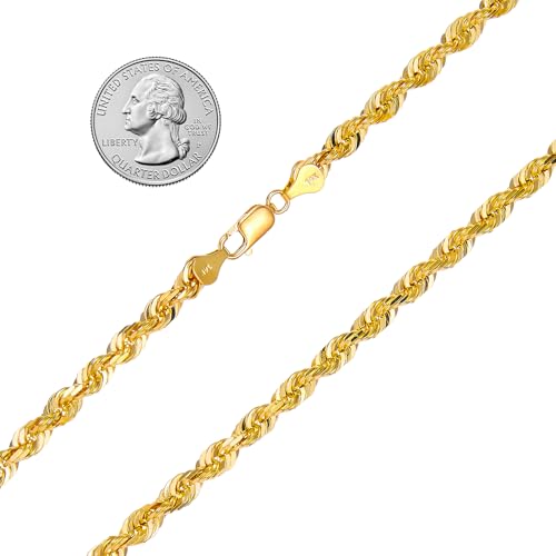 14k REAL Yellow Gold SOLID Men's 4mm Rope Diamond Cut Chain Bracelet with Lobster Claw Clasp - 8.5"
