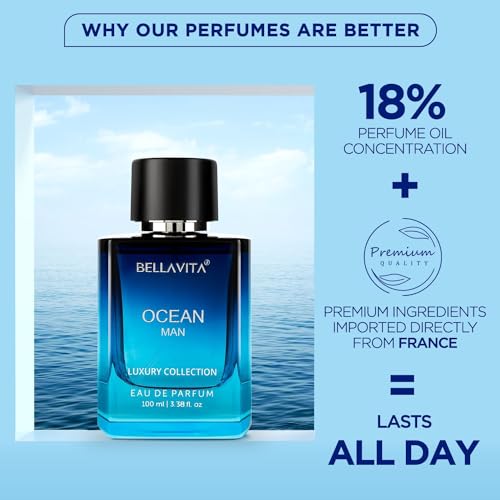 Bellavita Luxury OCEAN Eau de Parfum | 100 ml (3.4 fl.oz.) | Perfume for Men | Fresh, Bergamot, Lily of the Valley, and AMber Notes | Long Lasting Men's Fragrance