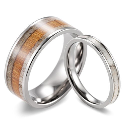 SHARDON Titanium Wedding Ring Set with Wood and Genuine Deer Antler Inlay Men Size 10.5 and Women Size 8