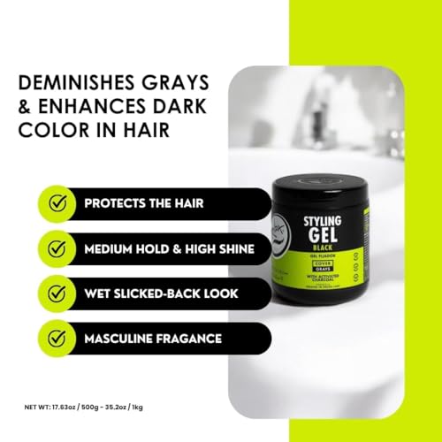 Rolda Black Styling Hair Gel - Medium To Strong Hold With Medium Shine For a Wet Slicked Back Look With All Day Hold - Activated Black Charcoal Covers Grey Hair Instantly 35.2oz