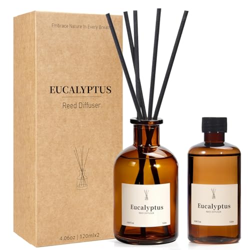 Reed Diffuser Set, 8.12 fl.oz Eucalyptus Scented Diffuser with Sticks, Up to 120 Days, Home Fragrance Reed Diffuser for Bathroom Shelf Decor & Room Freshener, 2 Pack