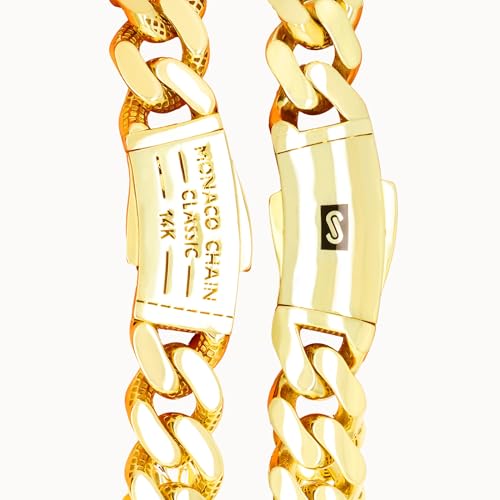 Nuragold 14k Real Yellow Gold Monaco 13mm Miami Cuban Chain Mens Bracelet - 8.5"