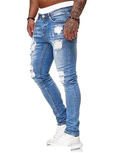 HUNGSON Men's Blue Slim Fit Jeans Stretch Destroyed Ripped Skinny Jeans Side Striped Denim Pants(LLBlue,32)