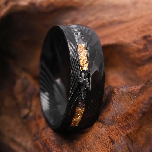 Concept Knight Black Damascus Steel Rings for Men Fashion Hammered Texture