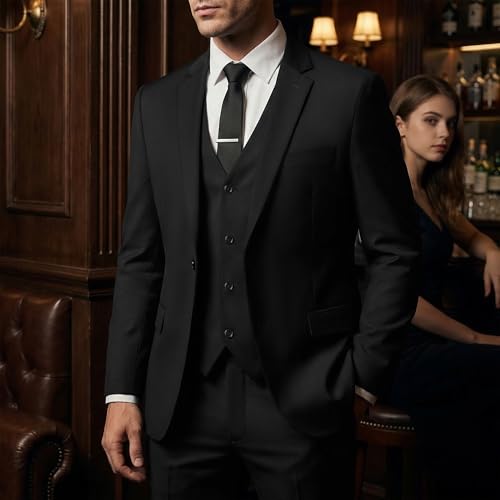 LORENZO BRUNO 3 Piece Black Suits for Men Slim Fit Mens Suit for Business Wedding Party One Button Blazer Tuxedo Jacket Vest & Pants with Tie, Black M
