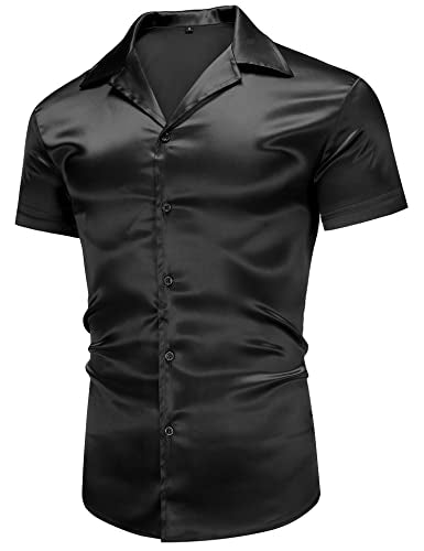 URRU Men's Luxury Shiny Silk Like Satin Dress Shirt Cuban Collar Short Sleeve Casual Slim Fit Muscle Button Up Shirts Black L
