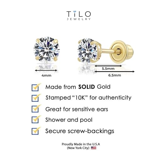 10k Yellow Gold Solitaire Round Cubic Zirconia Stud Earrings in Secure Screw-backs (4mm)……