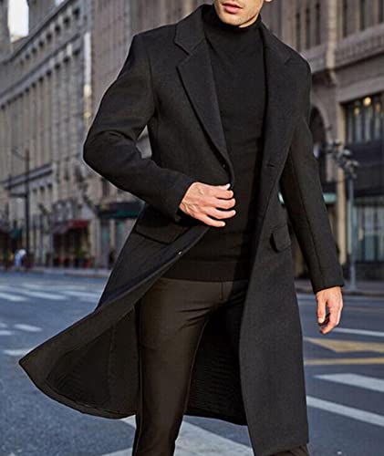 SOMTHRON Men's Casual Trench Coat Slim Fit Notched Collar Long Jacket Overcoat Single Breasted Pea Coat wih Pockets BL-M