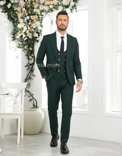 SPTALLFITJSV Beige Men's Slim Fit Suit 3 Piece Prom Christmas Party Business Suits Double Breasted Blazer Men Tuxedo Set, Size Large