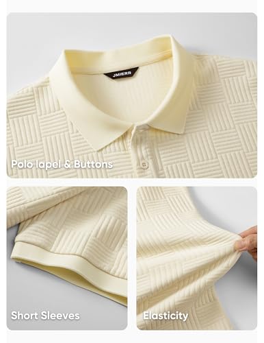 JMIERR Men's Business Casual Polo Shirt Jacquard Textured Golf Polos Quiet Luxury T Shirt, US40(M), Beige