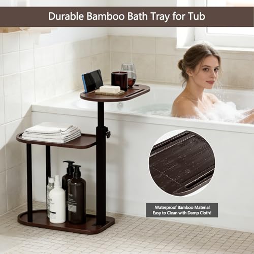 3 Layer Bathtub Tray Table,Bamboo Swivel Bathtub Side Table Height Adjustable,Freestanding Bathtub Tray for Tub Against Wall,Bathtub Accessories&Bathroom Organizer for Luxury Home Spa (Brown)