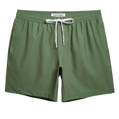 maamgic Mens 7" Stretch Swim Trunks Quick Dry Mesh Lining Swimwear Bathing Suits Solid Army Green Large