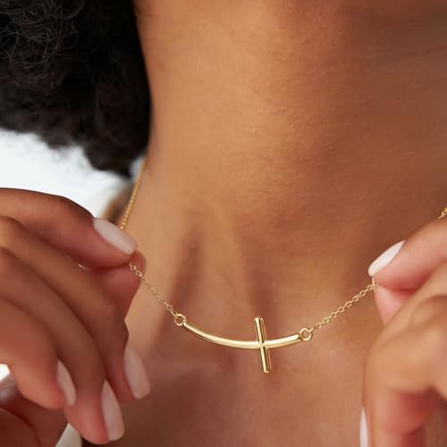 Gelin Dainty Curved Sideways Cross Necklace for Women in 10K Solid Gold, 18 Inch Chain