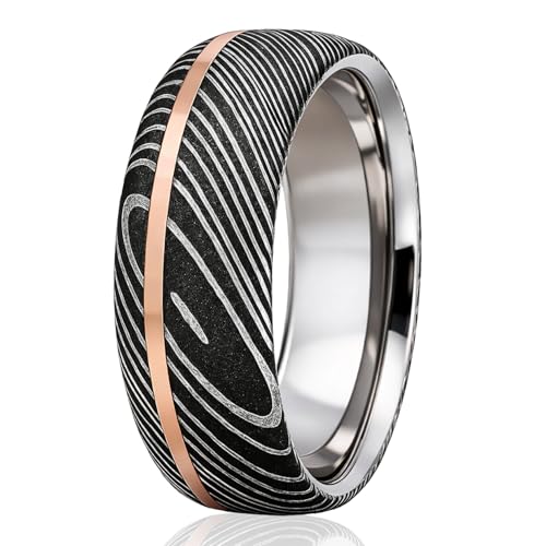 The Jewelry Source 7mm Damascus Steel Mens Ring with 14K Rose Gold Inlay – Comfort Fit Wedding Band – Textured Etched Grain Finish (8.75)