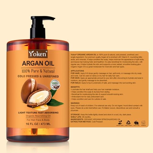Yoken Organic Moroccan Argan Oil 16oz, Cold Pressed Oil for Hair Face Skin
