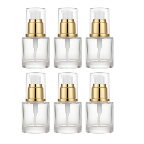 6Packs 20ml Clear Glass Lotion Pump Bottles Refillable Travel Cosmetic Containers with Pump and Clear Cap Mini Empty Dispenser Jars for Serum, Essence, Toner, Skincare, Essential Oils (Golden)