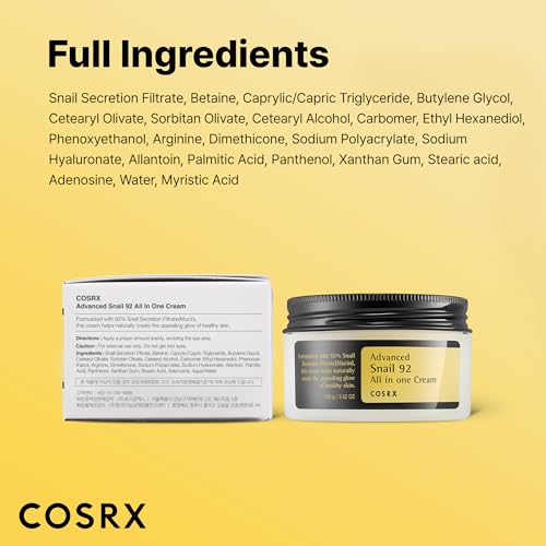 COSRX Snail Mucin 92% Face Moisturizer for Soft & Glowy Skin, 3.52 oz.
