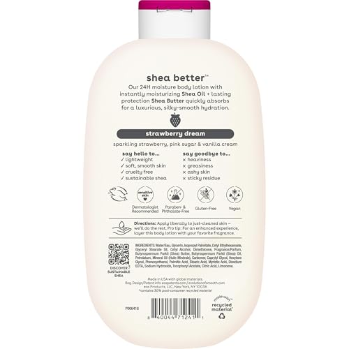 eos Shea Better Body Lotion Strawberry Dream, 24-Hour Moisture Skin Care, Lightweight & Non-Greasy, Natural Shea, Vegan, Strawberry Body Lotion, 16 fl oz