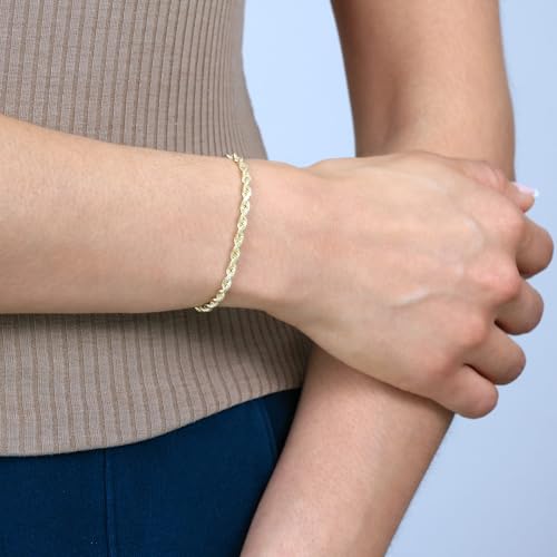 Nuragold 14k Real Yellow Gold Rope Chain Solid Diamond Cut Bracelet - 3mm - 7"