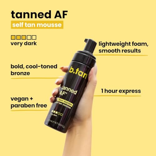 b.tan Dark Self Tanner Mousse | Get Tanned - Best, 1 Hour Express Sunless Tanning Foam, No Fake Tan Smell, Ultra Dark Bronzing Glow, Face & Body, Vegan, Cruelty Free, 6.7 Fl Oz