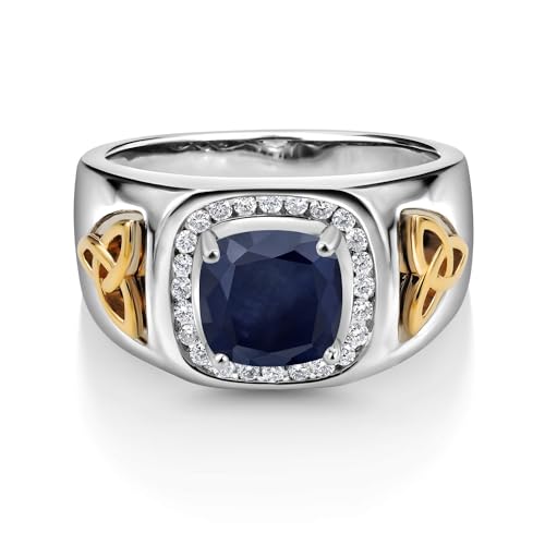 Gem Stone King Two-Tone Cushion Cut Ring for Men, Blue Sapphire, 11
