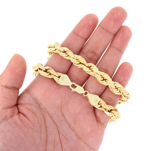 Nuragold 14k Real Yellow Gold Rope Chain Diamond Cut Mens Necklace - 8mm - 22"