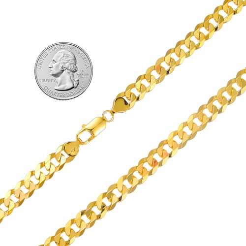 14k REAL Yellow Gold Solid Men's 6mm Flat Cuban Bevellet Chain Necklace with Lobster Claw Clasp - 24"