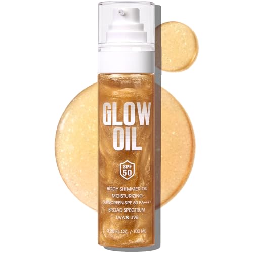 Body Glow Oil, Broad Spectrum SPF 50, Glitter Shimmer Sunscreen Body Oil Lotion with Sequin Mica, Lightweight Non-Sticky Moisturizer with Coconut, Skin Illuminator Glowing Results (01# Golden Amber)