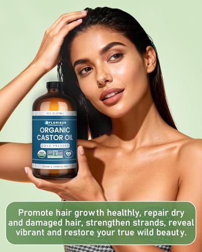 Florisan USDA Certified Organic Castor Oil 16oz Glass Bottle, Cold Pressed, Hexane-Free, Non-GMO, Vegan, 100% Pure Castor Oil for Hair Growth, Skin, Lashes, Eyebrows, EWG Verified