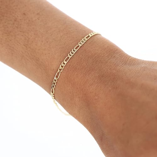 Nuragold 10k Real Yellow Gold Figaro Link 2.5mm Chain Bracelet (7"-9") - 7"